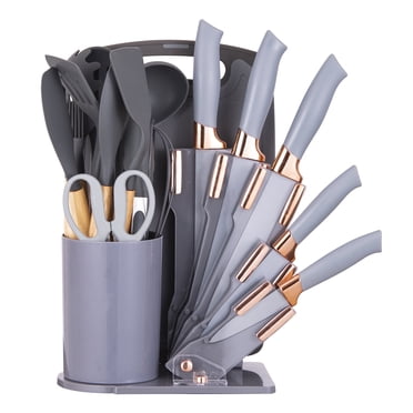 HEESEM 19-Piece Silicone Kitchen Utensil & Knife Set - Heat-Resistant Cooking Tools, Non-Stick Safe, Gray