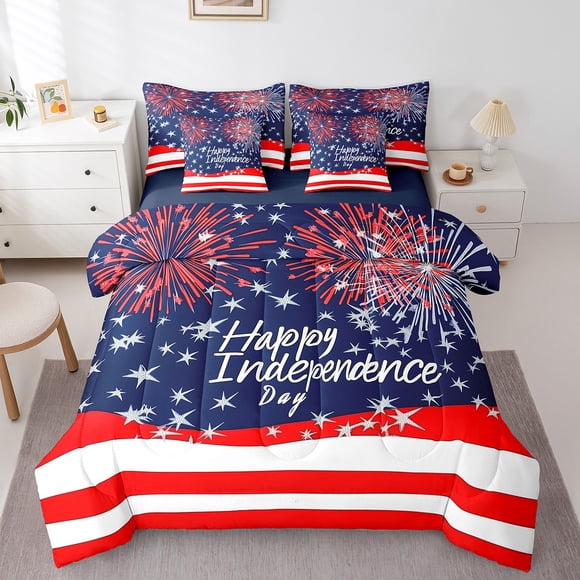 Erosebridal Happy Independence Day Bedding Queen Size,American Flag Comforter Sets with Sheets,Firework Room Decorative,Reversible,Ultra Soft,7 Pieces