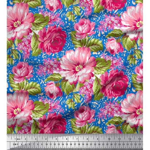 Soimoi Poly Georgette Fabric Leaves & Peony Floral Print Sewing Fabric Yard 42 Inch Wide