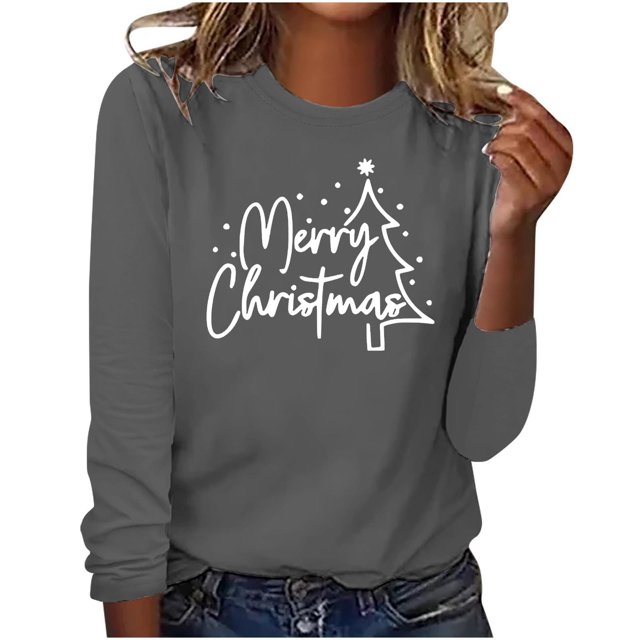 Timegard Womens Tops Merry Christmas Print Long Sleeve Crewneck Pullover Casual Loose Comfy Tops Fall