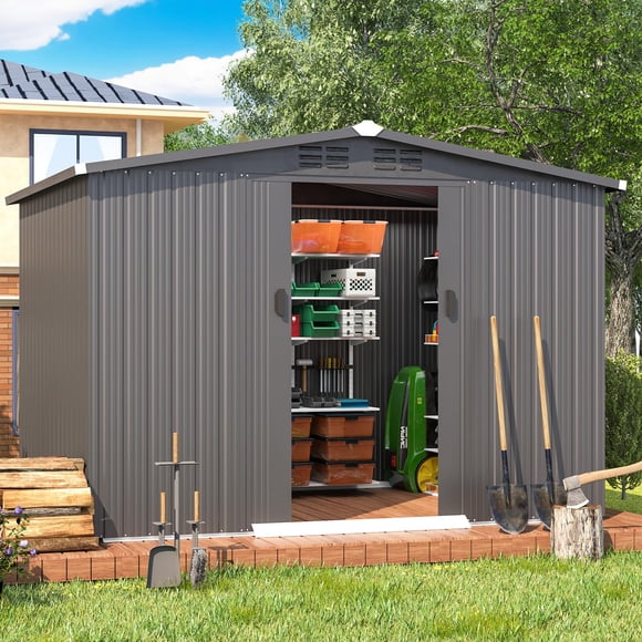 YODOLLA Abri de Rangement Extérieur en Métal 8 x 6 Pi avec Doubles Portes Coulissantes, Gris Foncé