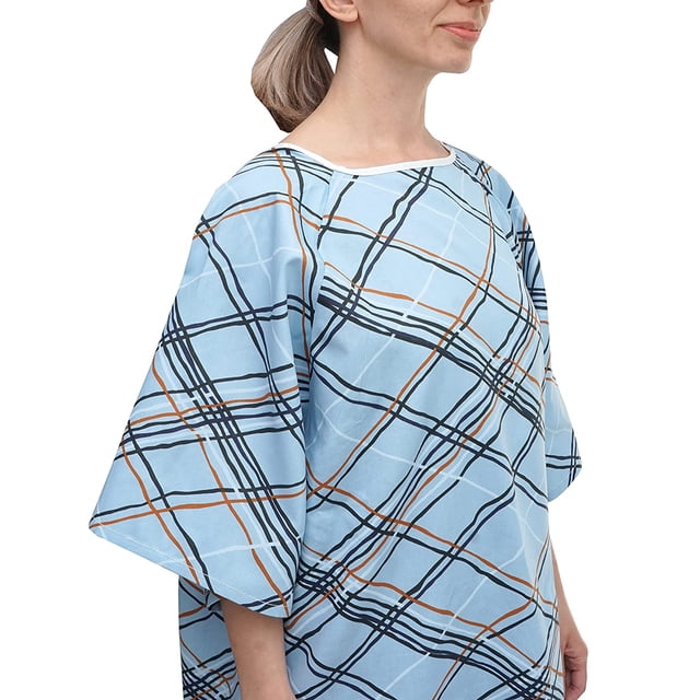 3 Pack - Hospital Patient Gowns Robe in a blue abstract print, shown on a model. The gown features a loose fit with short sleeves and two tie closures at the back, one at the top and another in the middle. Made from a durable 55% cotton and 45% polyester blend, these gowns are designed to fit sizes from Small to 2XL. Pack includes three gowns, ideal for patients or seniors.