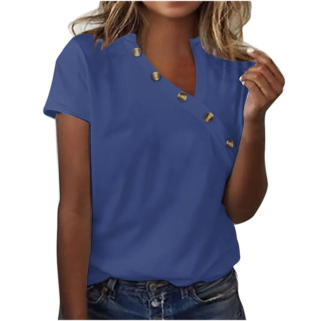 Plebaso Hauts d'Été pour Femmes T-Shirts à Col en V Irrégulier Décontractés à Manches Courtes Chemisiers à Boutons pour Femmes P-5TG