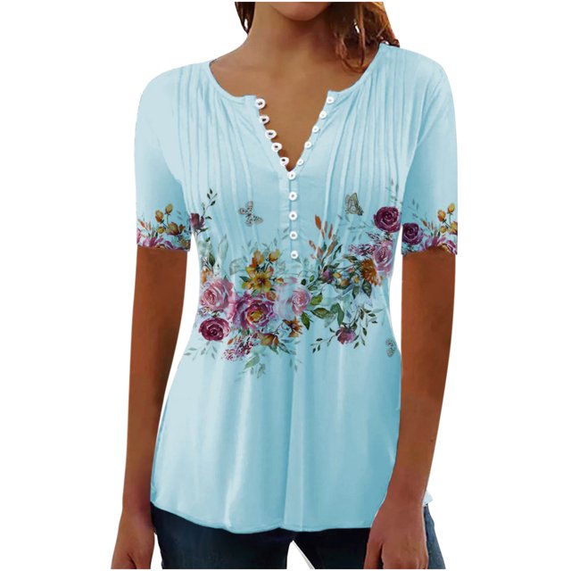 Pompotops Mode Femme Décontractée Imprimé Col Rond Ample Manches Courtes T-shirt Haut Blouse Chandail Liquidation