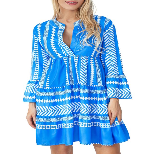 Robe Courte d'Été à Fleurs pour Femmes Boho Fluide Robes Courtes à Manches Longues Robe de Cocktail