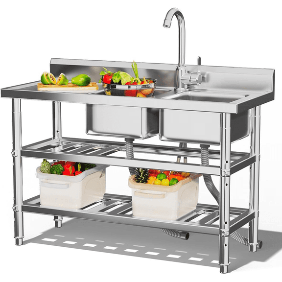 JFHID Stainless Steel Utility Sink, Freestanding Double Bowl Laundry Sink with Shelf Board