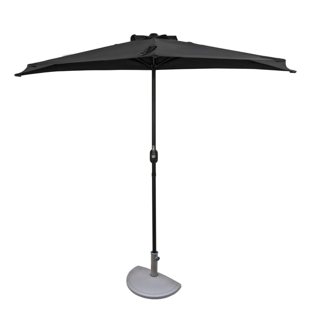 Lanai Parasol Demi-Hauteur de 9 Pi en Gris Ardoise avec Auvent en polyester, Comprenant un Auvent Demi-Cercle Soutenu par un Poteau en Métal Noir et une base Lestée Grise, Conçu pour les Espaces Extérieurs Étroits comme les Balcons Ou les Terrasses Sans Fixation Murale.