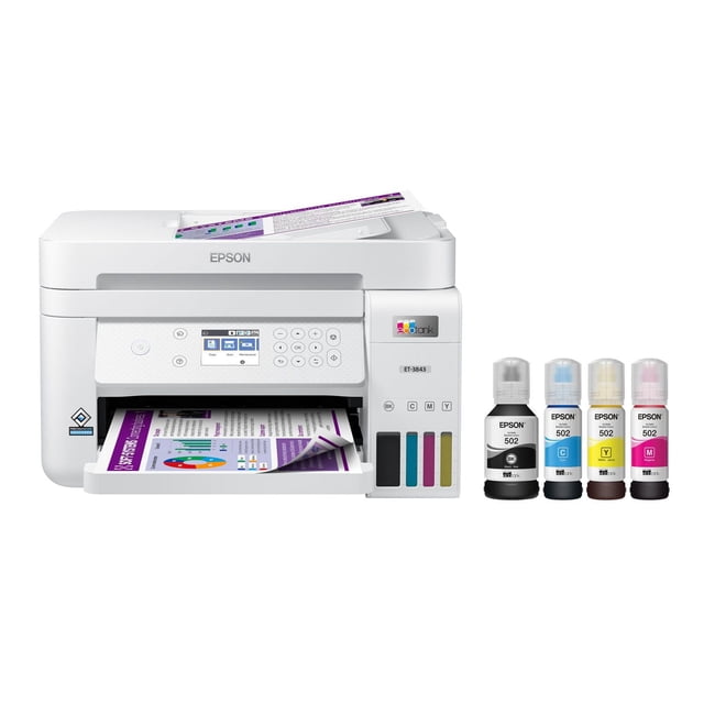 Epson EcoTank ET-3843 Imprimante Tout-en-un Sans Fil Couleur à Réservoir Supertank Sans Cartouche avec Numériseur, Copieur, ADF et Ethernet Montrés Impression Recto Verso un document Couleur, avec des Réservoirs d'Encre Rechargeables Visibles pour Noir, cyan, magenta et Jaune sur le Côté Droit, avec Quatre Bouteilles d'Encre Epson 502 à Côté, Convient pour une Impression Efficace et à Faible Coût dans les Bureaux à Domicile Occupés.