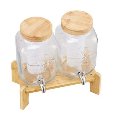 KFFKFF Beverage Dispenser, 2 Pack 1 Gallon Drink Dispensers for Parties, Glass Juice Dispenser with Wood Stand, Stainless Steel Spigot, Infuser, Iced Tea Lemonade Juice Water Dispensers