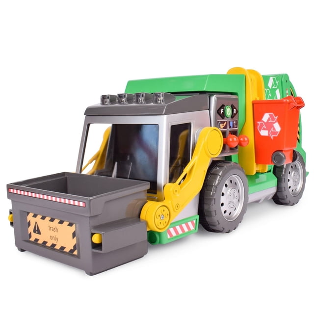 Maxx Action 3-N-1 Recycler Camion à Ordures Jouet Motorisé avec Cabine Verte et Argentée, Bras Mécaniques Jaunes Soulevant une Poubelle Grise Étiquetée « trash only », et une Poubelle de Recyclage Rouge Détachable, avec Lumières LED, Sons Réalistes et Commandes à joystick pour Jeu et Apprentissage Interactifs.