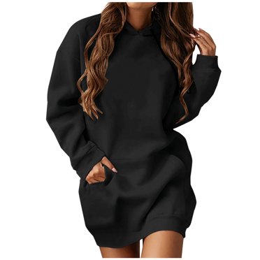 RKSTN Robe Chandail pour Femmes Décontractée à Manches Longues avec Cordon, Chandail à Capuchon à Enfiler, Robe Unie avec Poches Kangourou, Robes d'Automne pour Femmes 2023