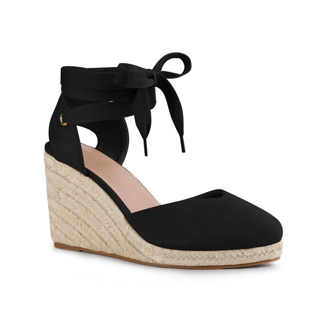 BLISSFUL STEP Sandales Compensées à Plateforme à Lacets Style Espadrille pour Femmes Noir 8,5
