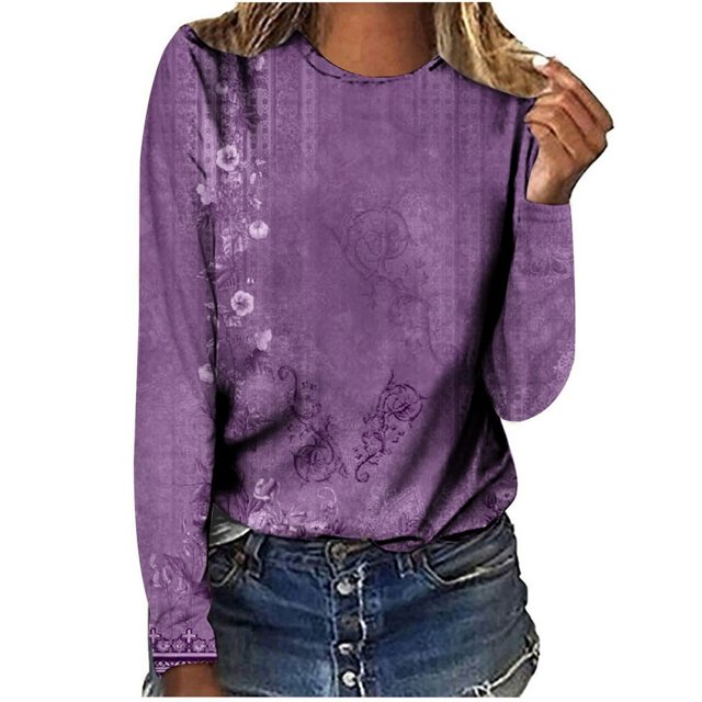 Femmes Manches Longues T-Shirts Col Rond Imprimé Floral Tunique Tops Doux Casual Ample Coupe Blouse
