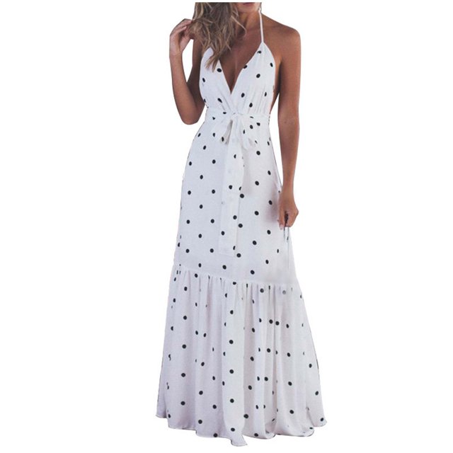 Yuyuzo Robes de Vacances pour les Femmes Sans Manches Plage Décontractée Boho Pointillée Smoking Longue Robe Fluide Robes de Soleil