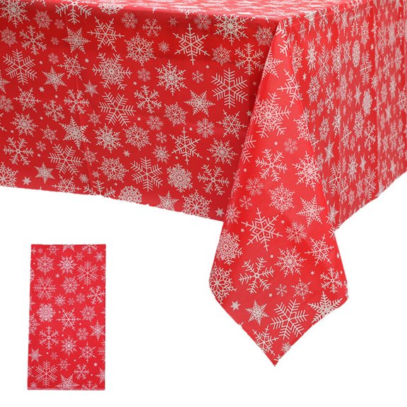 Plastic Christmas Tablecloth 54 in x 108 in, Waterproof and Oil-Proof PE Disposable Table Cover with Snowflake Design for Holiday Party Decorations