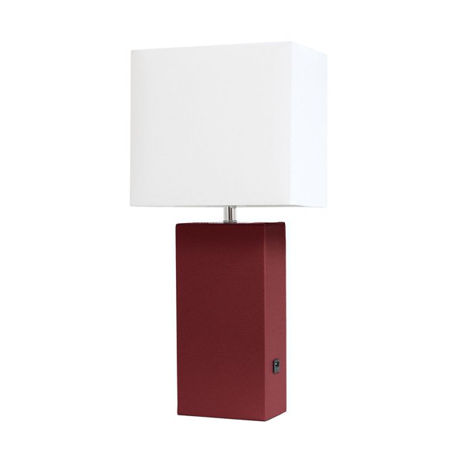 Elegant Designs Modern Leather Table Lamp with USB and white fabric shade featuring a rectangular red leather-wrapped base with a side USB port and a large white rectangular fabric shade, ideal for living room or office use and device charging.