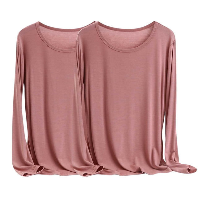 MeetoTime 2 Pcs Hauts à Manches Longues pour Femmes Col Rond Basique T-Shirt Doux Grande Taille T-Shirts Confortables X-6X