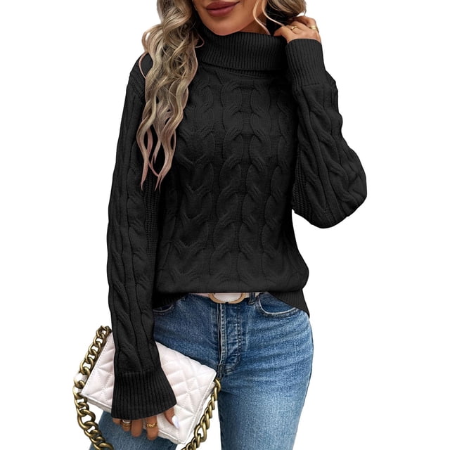 Women Turtle-Neck Sweaters Cable Knit Long Sleeve Pullover Jumper Tops Fall Winter Casual Solid Sweater