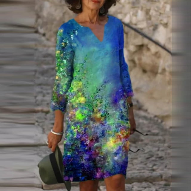 CEHVOM Robe Mi-Longue pour Femmes, Mode Décontractée, à Imprimé Floral, Ample, Grande Taille, à Col en V