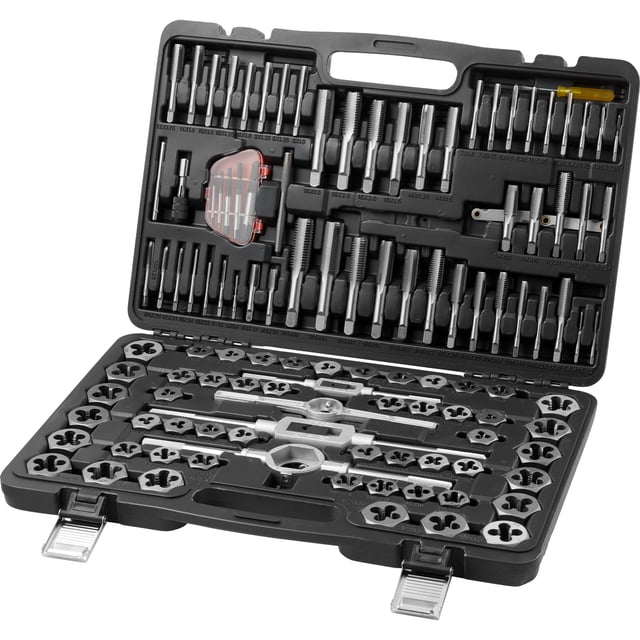 VEVOR Tap and Die Set, 116-piece threading tool kit for cutting external and internal threads, including metric and SAE sizes. Made of durable bearing steel, the set features 51 taps, 51 dies, wrenches, screw pitch gauges, extractors, and accessories. Comes in a portable storage case with pearl cotton cushioning for protection.
