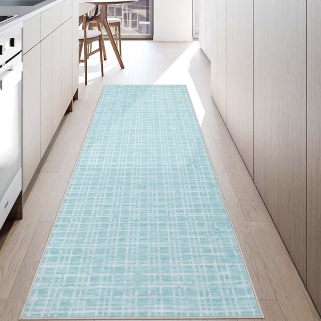 Garvee 4'x6' Modern Plaid Area Rug Abstract Rugs for Living Room, Washable Rug Non-Slip Low Pile Accent Carpet for Bedroom Home Office, Light Blue