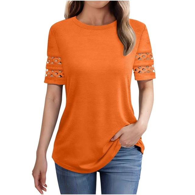LOVZFMLL Hauts pour Femmes Été 2025 T-Shirts Décontractés Élégants Col Rond Manches Courtes Creuses Tenues de Travail Blouses Tendance Printemps Orange TG