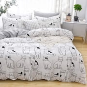 ORUYROP Cats Duvet Cover Set Queen, 100% Cotton Bedding, Various Cartoon Cats Pattern Printed on White Reversible Black Plaid, 1 Comforter Cover Full and 2 Pillowcases for Kids Teens Boys Girl