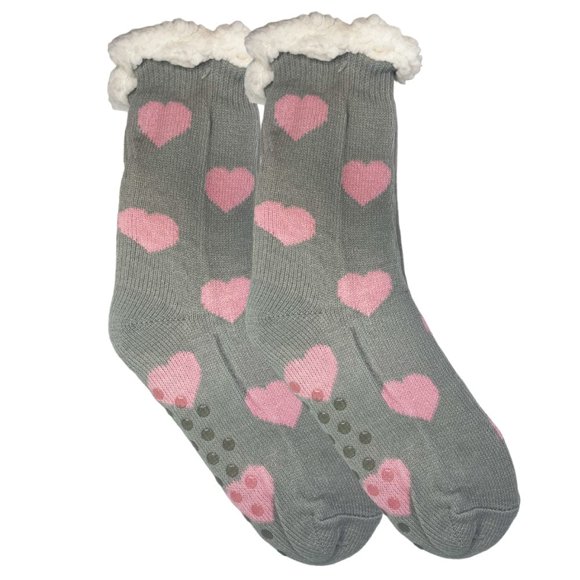 Chaussettes Thermiques Sherpa d'Hiver à Cœurs Imprimés, Doublées en Molleton, Confortables, Chaudes, Antidérapantes, Chaussettes Pantoufles pour Femmes et Filles