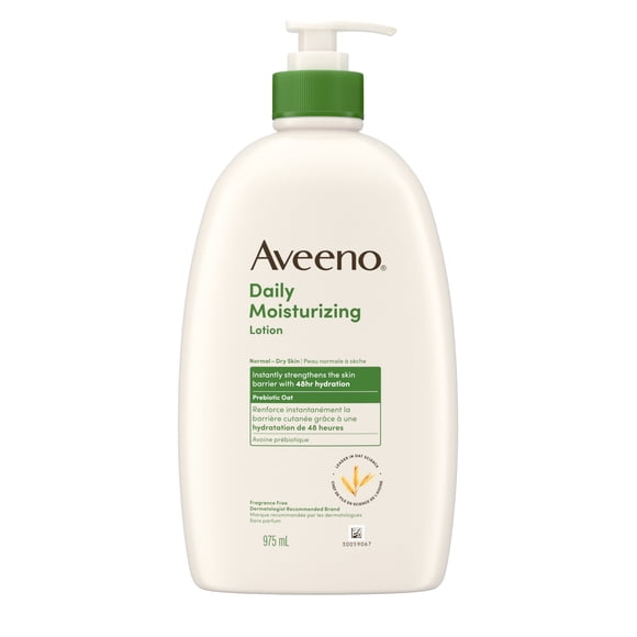 Aveeno Daily Moisturizing Body Lotion with Soothing Prebiotic Oat, Gentle Lotion Nourishes Dry Skin With Moisture, Paraben-, Dye- & Fragrance-Free, Non-Greasy & Non-Comedogenic, 975 ml