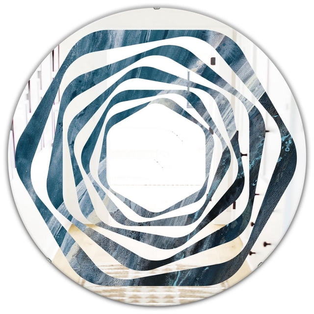 Designart 'Splash Blue Indigo' Modern Round Wall Mirror - Whirl 24x24 with a centered front view of a 24-inch round mirror featuring a raised blue indigo whirl design on clear glass, providing distortion-free reflection and enhancing space and brightness in modern home décor.