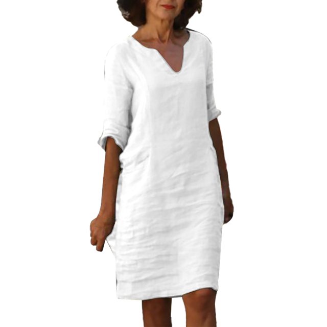 2025 et Robe de Plage Courte Maxi en Lin à Manches Vacances Semi-Décontractée Robes d'Été pour Femmes Âgées Robe Mini Maxi à Col en V pour Femmes Robes d'Été pour Femmes Robe Couleur Unie Robe pour Femmes