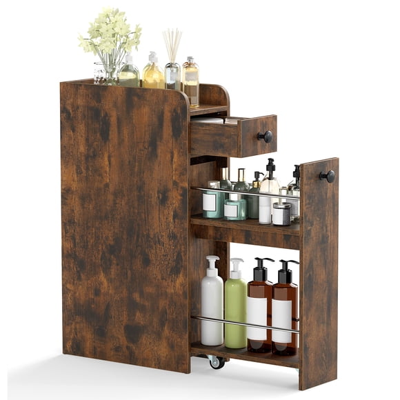 Costway Slim Bathroom Storage Cabinet with Slide Out Drawer Spacious Top Rolling Wheels Rustic Brown