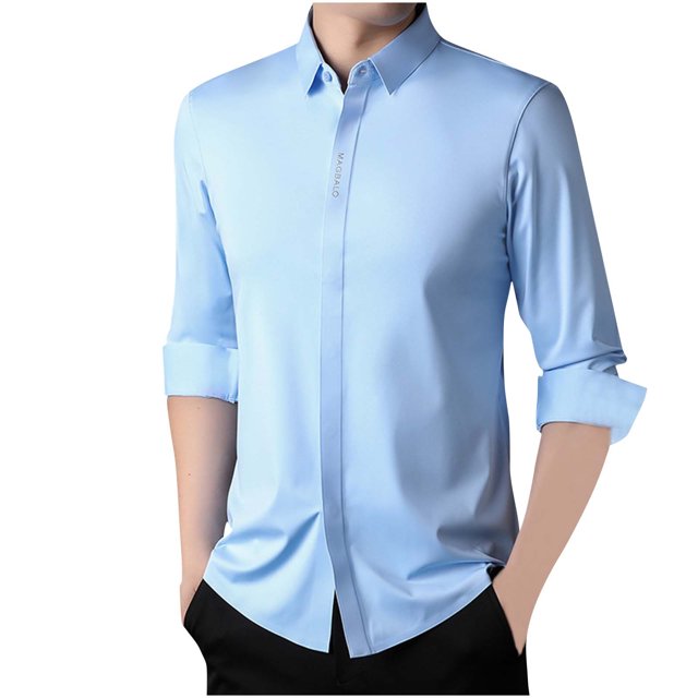 LNWUY Chemises à Manches Longues pour Hommes Séchage Rapide Chemise de Performance Printemps Automne Couleur Unie Rembourrée Chaude Confortable Chemises à Col Rabattable Bleu TTTG