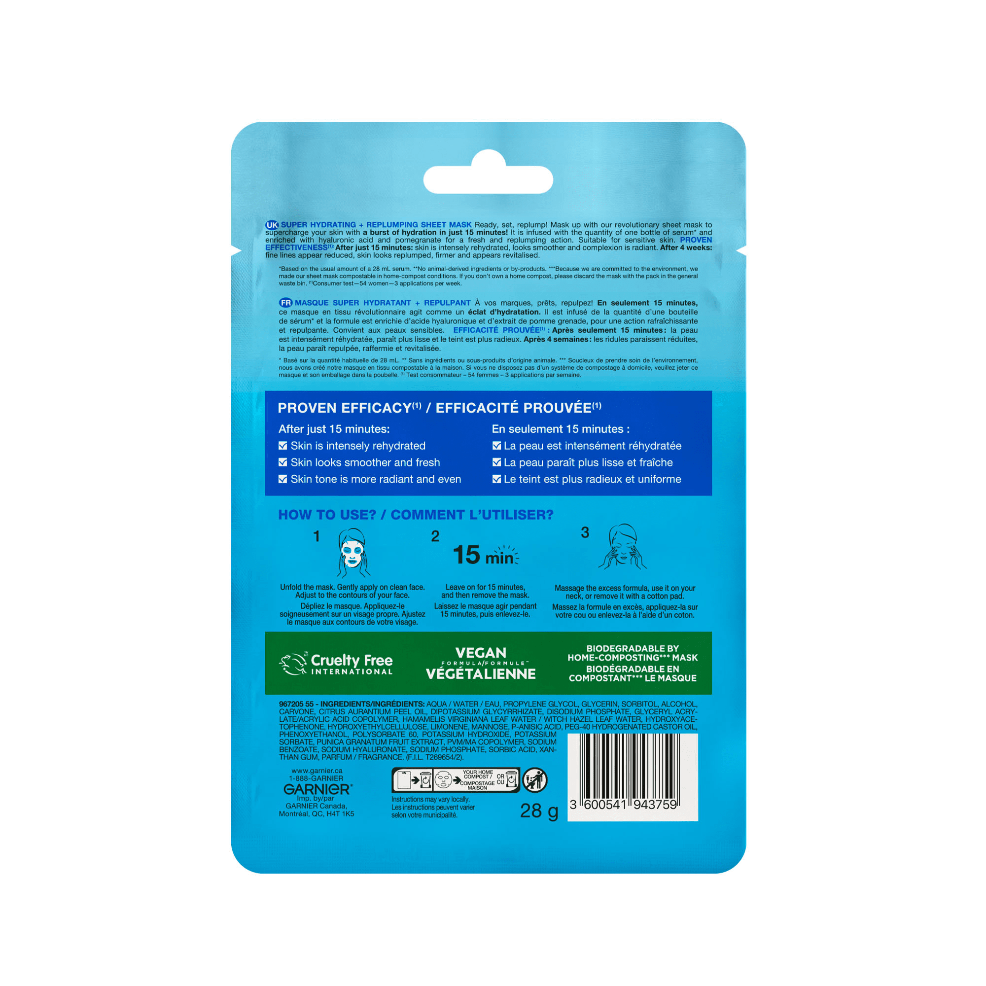 Garnier Moisture Bomb Replumping Serum Mask, Hyaluronic Acid + Pomegranate, 1 Count