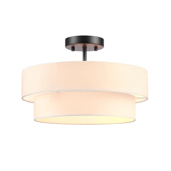 2-Light Matte Black Semi-Flush Mount Ceiling Light with 2-Tier White Linen Shade