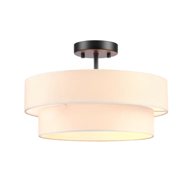 2-Light Matte Black Semi-Flush Mount Ceiling Light with 2-Tier White Linen Shade featuring a matte black metal mount and layered white linen drum shades, compatible with dimmable E26 bulbs, ideal for modern semi-flush ceiling lighting in Canadian homes.