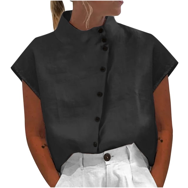 Birdeem Chemise Décontractée d'Été pour Femme, Ample, à Boutons, en Coton et Lin, Col Montant