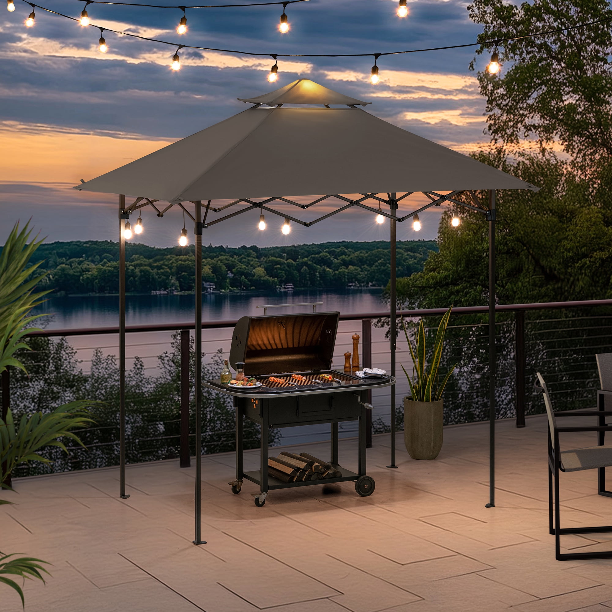Sunjoy Gazebo Pour Barbecue 8 x 5 Pi, Gazebo Extérieur À Deux Niveaux, Hauteur Du Plafond Réglable, Pour Barbecue, Pique-Niques, Événements En Plein Air, Gris