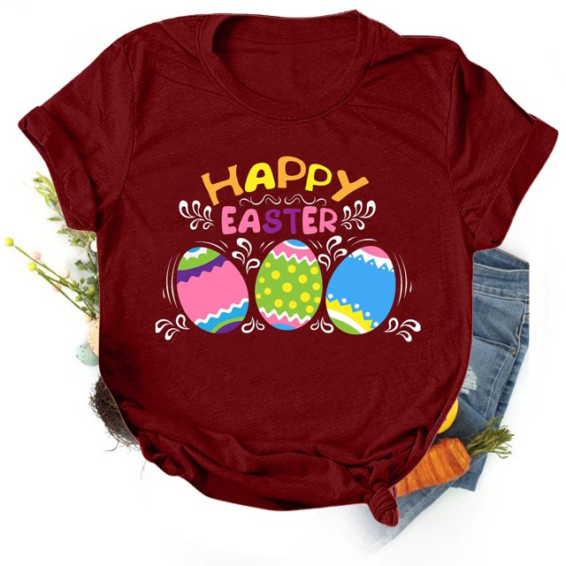 Daisyyozoid Chandail en Molleton Drôle de Pâques pour Femmes Décontracté Ample Col Rond Manches Courtes Imprimé Lettre Blouse T-shirt