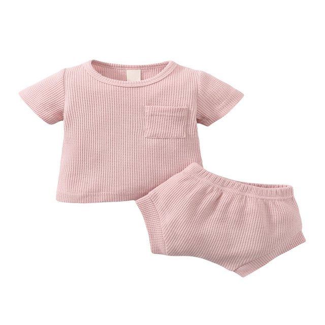 Baby Solid Color Clothes Set Short Sleeve O-neck T-shirt with Pocket + Short Pants for Summer