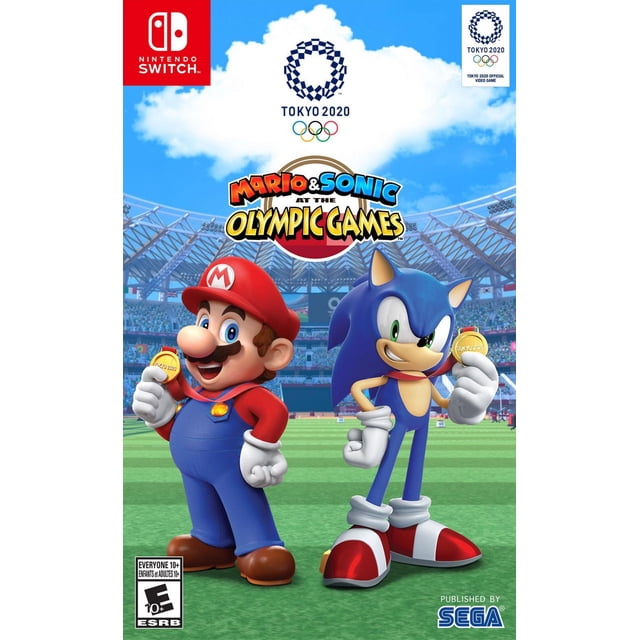 Mario & Sonic at the Olympic Games: Tokyo 2020 for Nintendo Switch. The game cover shows Mario and Sonic holding gold medals in a lively stadium with the Tokyo 2020 Olympic logo above. Published by SEGA, rated Everyone 10+, part of Nintendo Switch games.