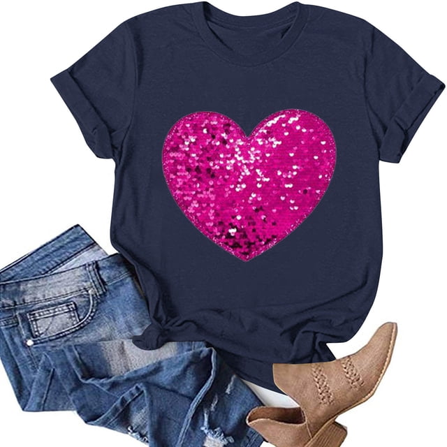 TIMIFIS T-Shirts pour Femmes de la Saint-Valentin Été Décontracté Manches Courtes Col Rond T-Shirts Mode T-Shirt Imprimé Cœur d'Amour