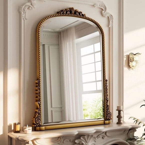 BEAUTYPEAK 32"x 24" Arched Bathrom Mirror Wall Mirror with Antique Frame,Antique Gold