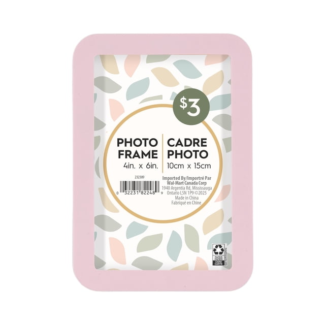 Boba 4x6 Rounded Basic Pink Decorative Tabletop Picture Frame with a light pink rounded rectangle design holding a 4 by 6 inch photo, featuring a pastel leaf pattern placeholder and a $3 price tag, suitable for tabletop or wall display.