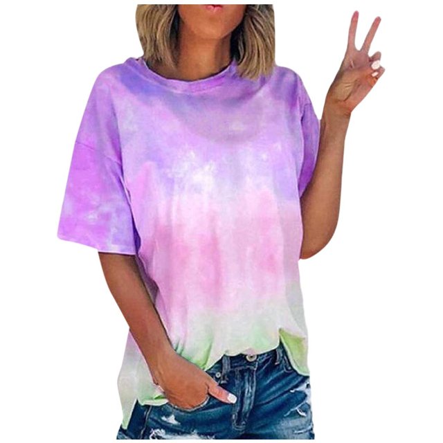 RKSTN Blouses pour Femmes Été T-Shirts Teinture sur Nœuds à Manches Courtes Col Rond Décontractés Amples, P-5TG