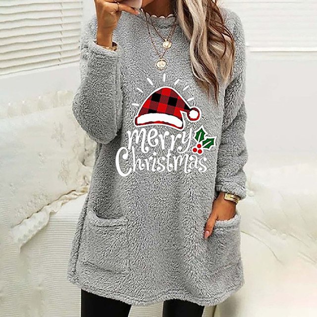Qertyioot Hauts Grande Taille pour Femmes, Blouse à Manches Longues Chaude de Noël pour Femmes à Col Rond et d'Hiver, Ample, Imprimée, avec Poche