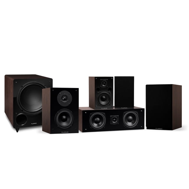 Fluance Elite High Definition Compact Surround Sound Home Theater 5.1 Channel Speaker System in walnut finish, featuring two 2-way bookshelf speakers, a center channel speaker, two rear surround speakers, and a DB10 powered subwoofer. The system is designed for Dolby surround and DTS systems, offering precise sound reproduction with silk dome tweeters, midrange drivers, and a 10-inch subwoofer for deep bass. The MDF wood cabinets reduce resonance for distortion-free audio.