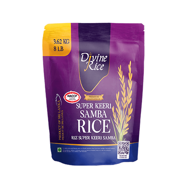Super Keeri Samba Divine Rice (8LB) in a vibrant purple and yellow packaging with the Divine Rice logo prominently displayed. This premium South Asian rice variety is gluten-free, non-sticky, and ideal for dishes like biryani, fried rice, and seafood curries. The packaging features HACCP certification and a QR code for additional product details.