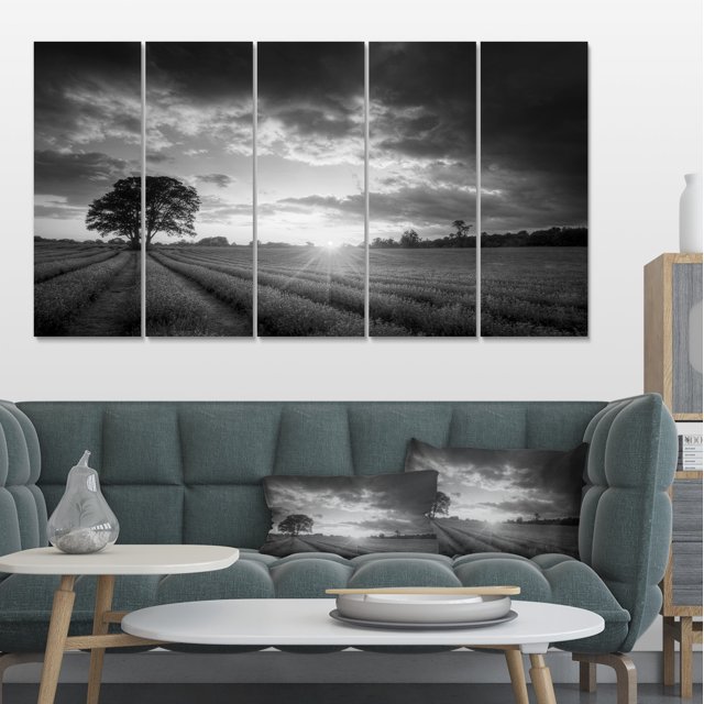 Vibrant Black White Lavender Field - Extra Large Landscape Canvas Art