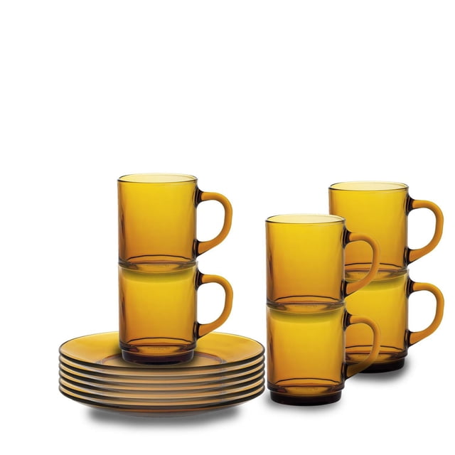 Duralex Lys Ensemble de Café et Gâteau Ambre, 12 Pcs avec six Tasses en Verre Trempé Ambre Empilées par Paires et six Assiettes à dessert Assorties, avec Verrerie Résistante aux Chocs et Compatible Lave-Vaisselle, Convenant aux Repas et aux Réceptions au Quotidien.